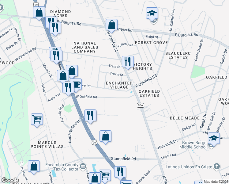 map of restaurants, bars, coffee shops, grocery stores, and more near 300-398 West Oakfield Road in Pensacola