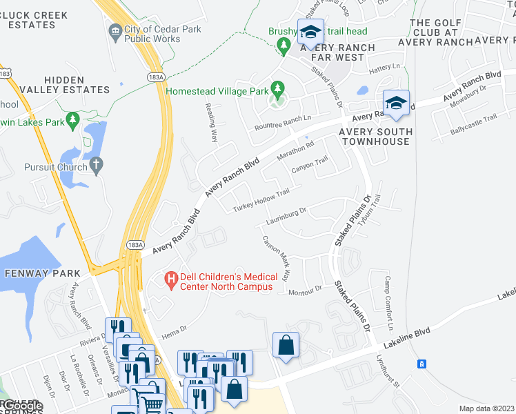 map of restaurants, bars, coffee shops, grocery stores, and more near 13905 Turkey Hollow Trail in Austin