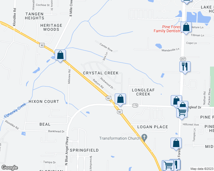 map of restaurants, bars, coffee shops, grocery stores, and more near 6769 Rickwood Drive in Pensacola