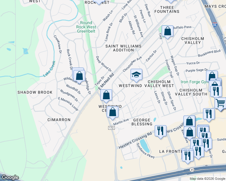 map of restaurants, bars, coffee shops, grocery stores, and more near 1310 Chisholm Valley Drive in Round Rock
