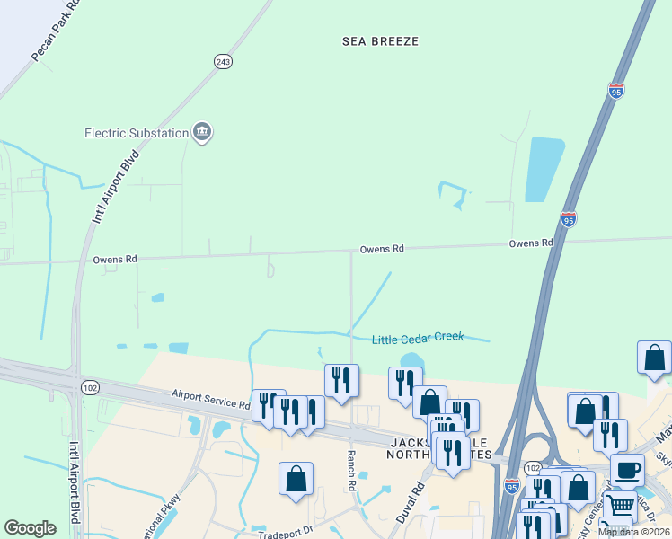 map of restaurants, bars, coffee shops, grocery stores, and more near 13800-13898 Ranch Road in Jacksonville