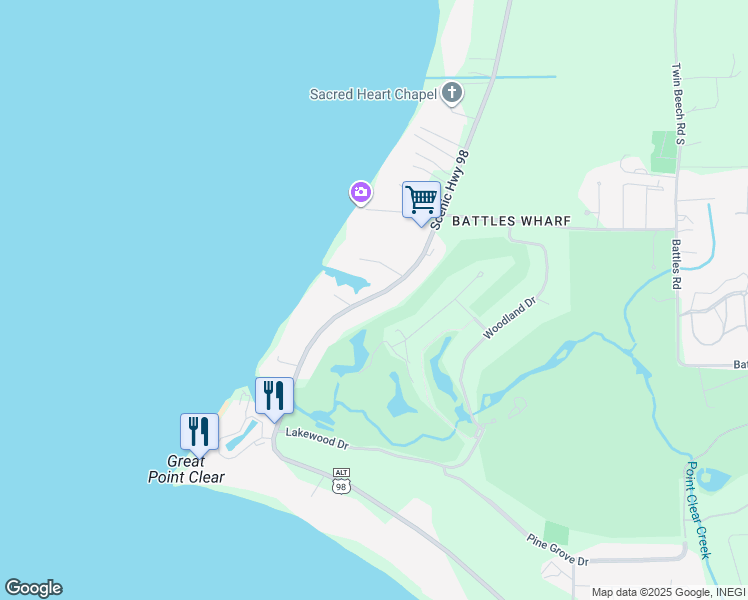 map of restaurants, bars, coffee shops, grocery stores, and more near 18170 Scenic Highway 98 in Point Clear