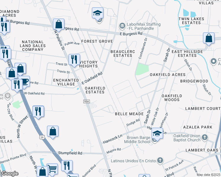 map of restaurants, bars, coffee shops, grocery stores, and more near 6052 Belladonna Street in Pensacola