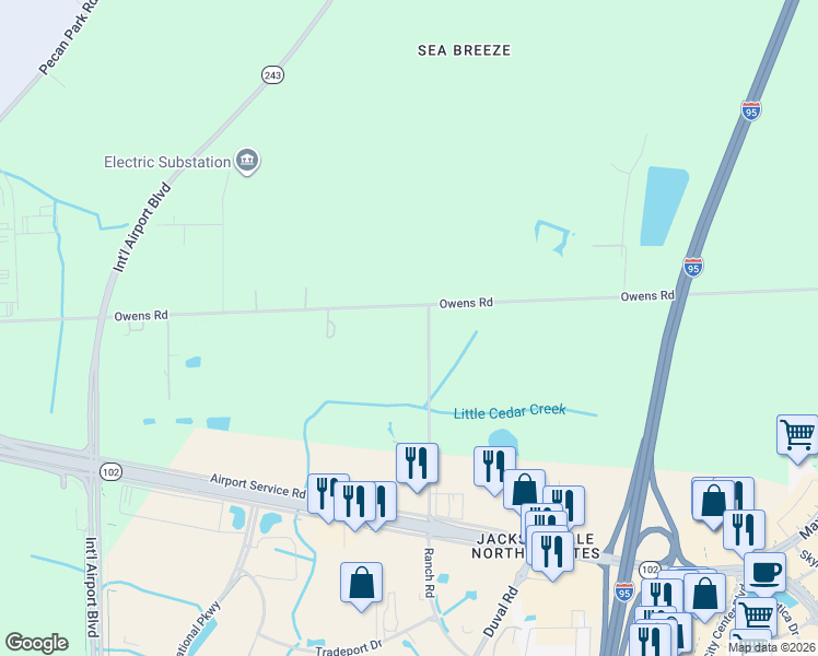 map of restaurants, bars, coffee shops, grocery stores, and more near 13800-13898 Ranch Road in Jacksonville