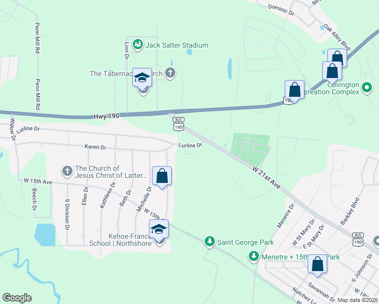 map of restaurants, bars, coffee shops, grocery stores, and more near 7 Lurline Drive in Covington