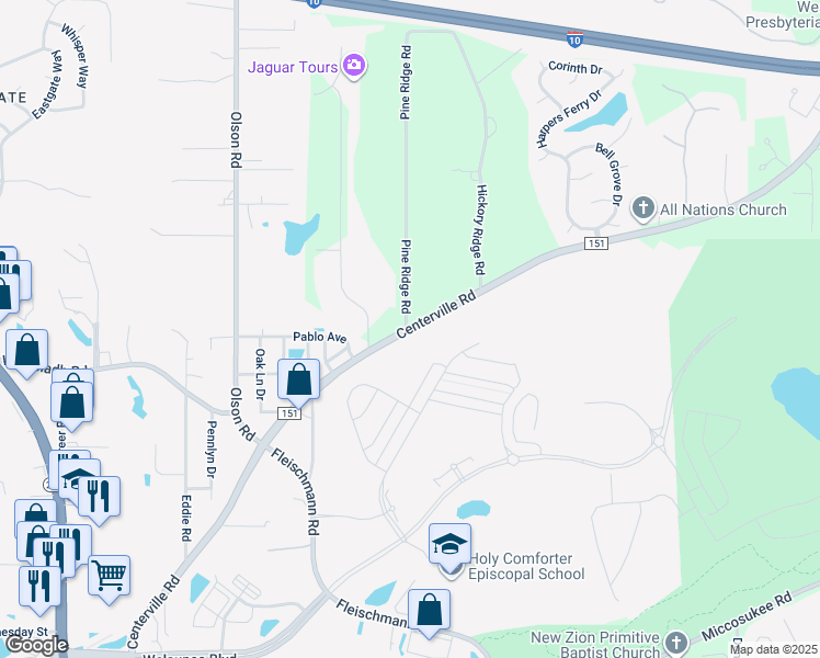 map of restaurants, bars, coffee shops, grocery stores, and more near 2801 Centerville Road in Tallahassee