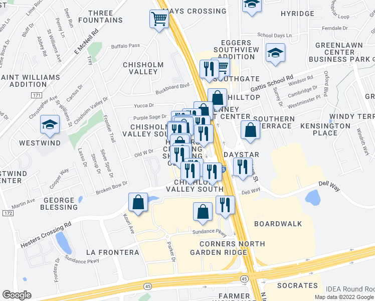 map of restaurants, bars, coffee shops, grocery stores, and more near 2000 South Interstate 35 Frontage Road in Round Rock