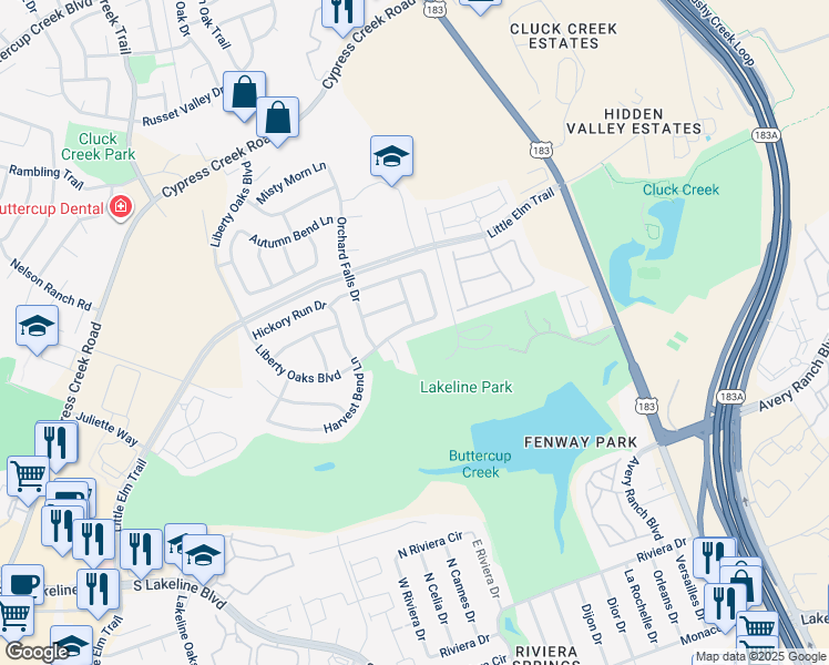 map of restaurants, bars, coffee shops, grocery stores, and more near 1608 Avondale Drive in Cedar Park