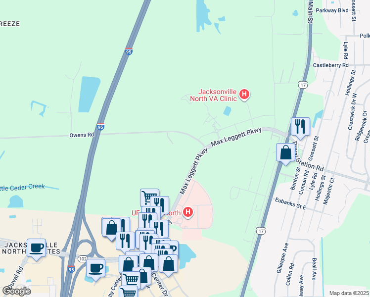 map of restaurants, bars, coffee shops, grocery stores, and more near 15480 Max Leggett Parkway in Jacksonville