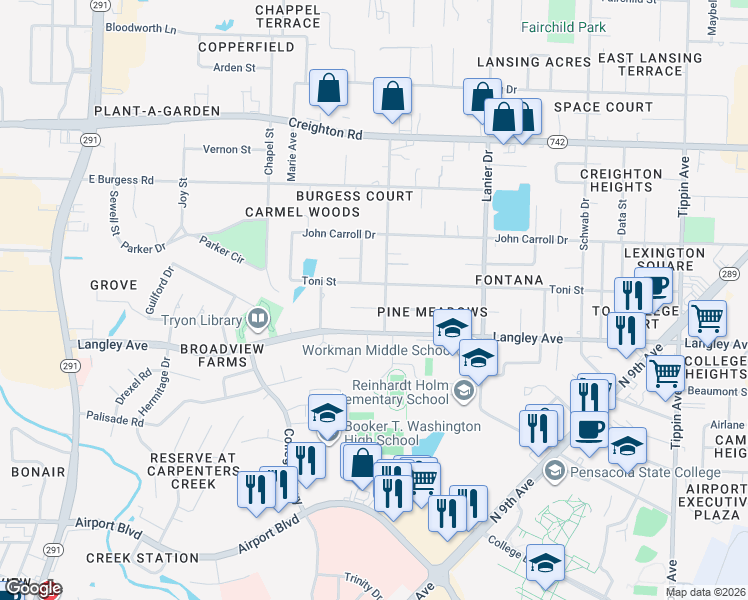 map of restaurants, bars, coffee shops, grocery stores, and more near 1445 Bakalane Court in Pensacola
