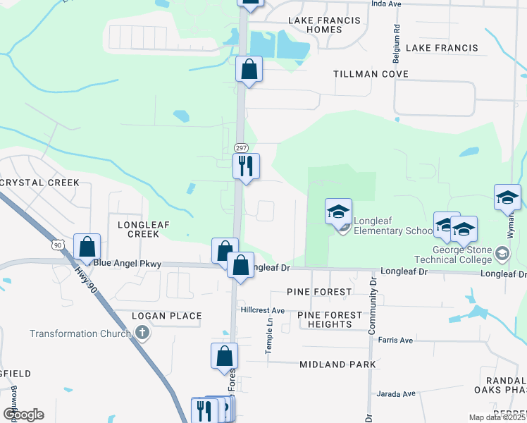 map of restaurants, bars, coffee shops, grocery stores, and more near 6984 Pine Forest Road in Pensacola