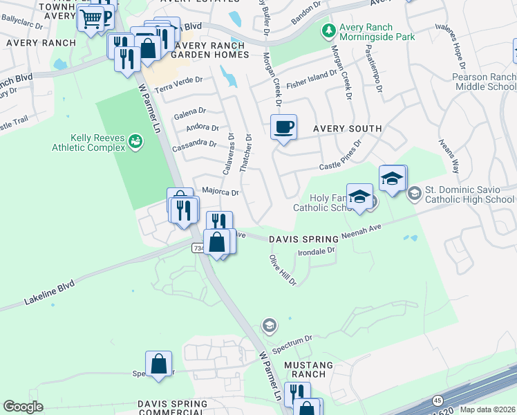 map of restaurants, bars, coffee shops, grocery stores, and more near 14805 Cordero Drive in Austin