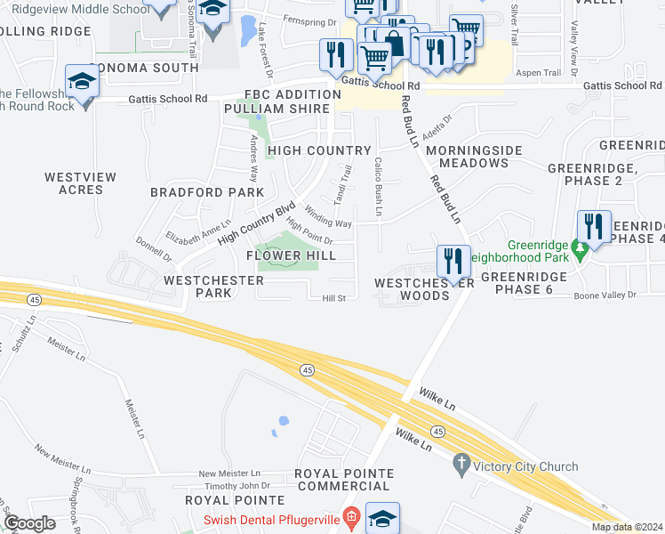 map of restaurants, bars, coffee shops, grocery stores, and more near 2811 High Point Cove in Round Rock