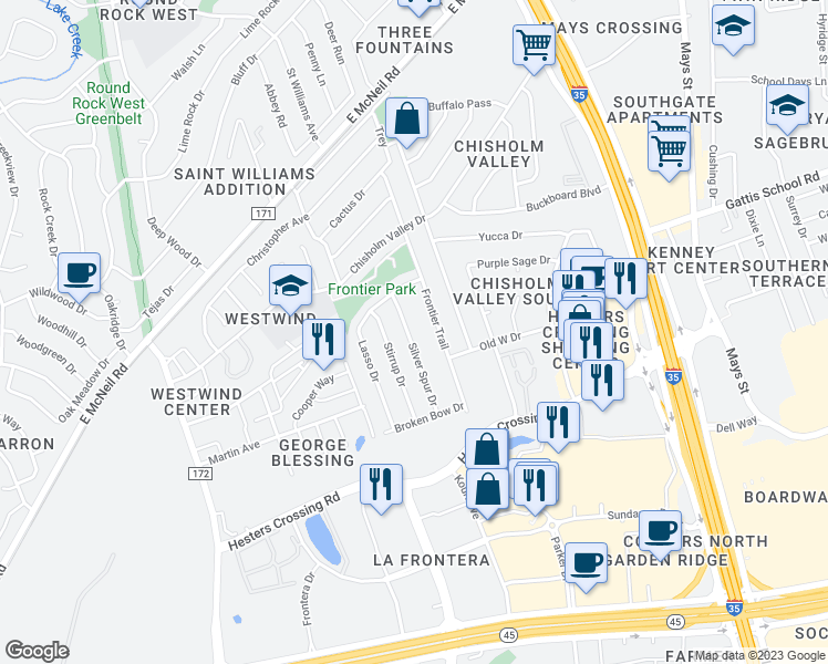 map of restaurants, bars, coffee shops, grocery stores, and more near 2201 Silver Spur Drive in Round Rock