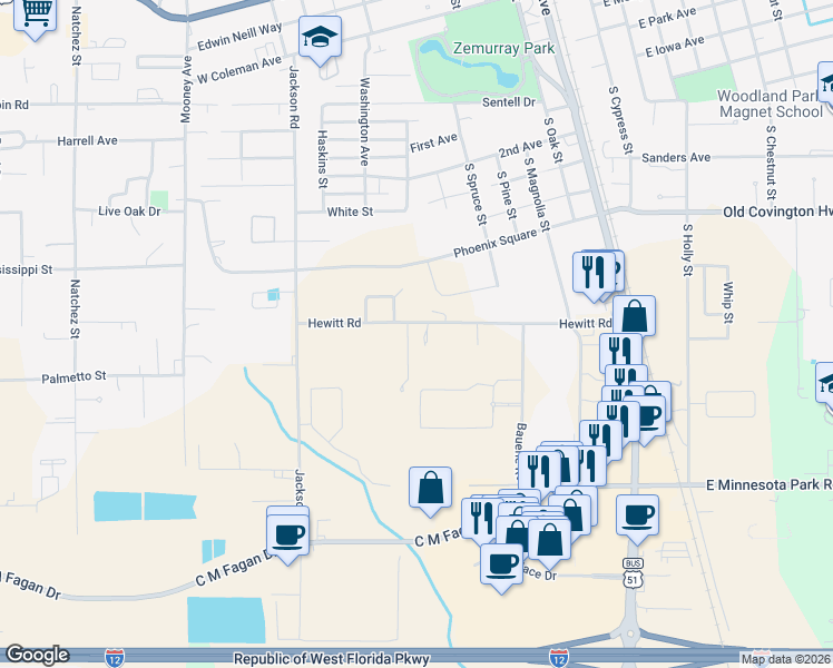 map of restaurants, bars, coffee shops, grocery stores, and more near 715a Hewitt Road in Hammond