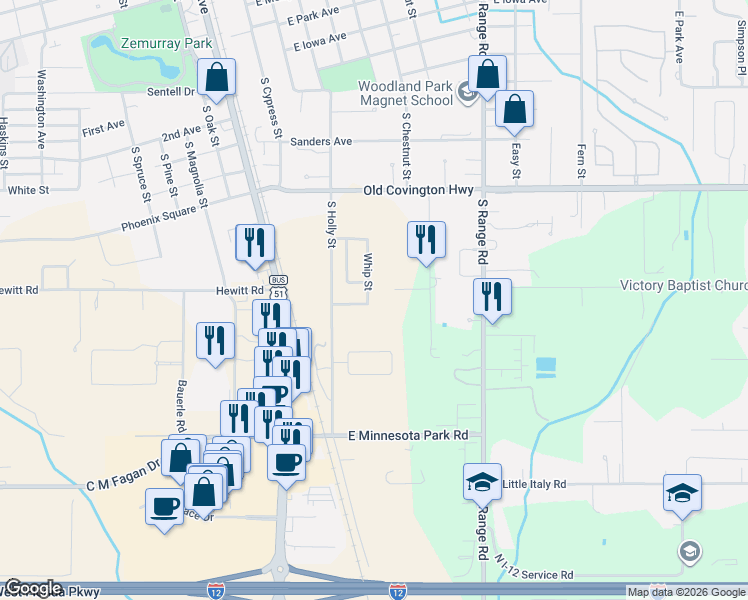 map of restaurants, bars, coffee shops, grocery stores, and more near 615 Whip Street in Hammond