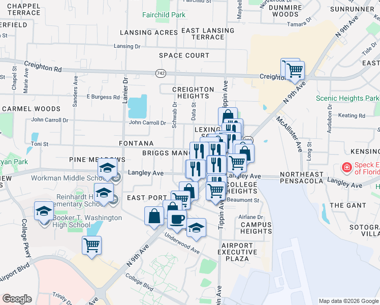 map of restaurants, bars, coffee shops, grocery stores, and more near 6351 Judkins Drive in Pensacola