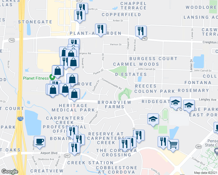 map of restaurants, bars, coffee shops, grocery stores, and more near 1090 Farmington Road in Pensacola