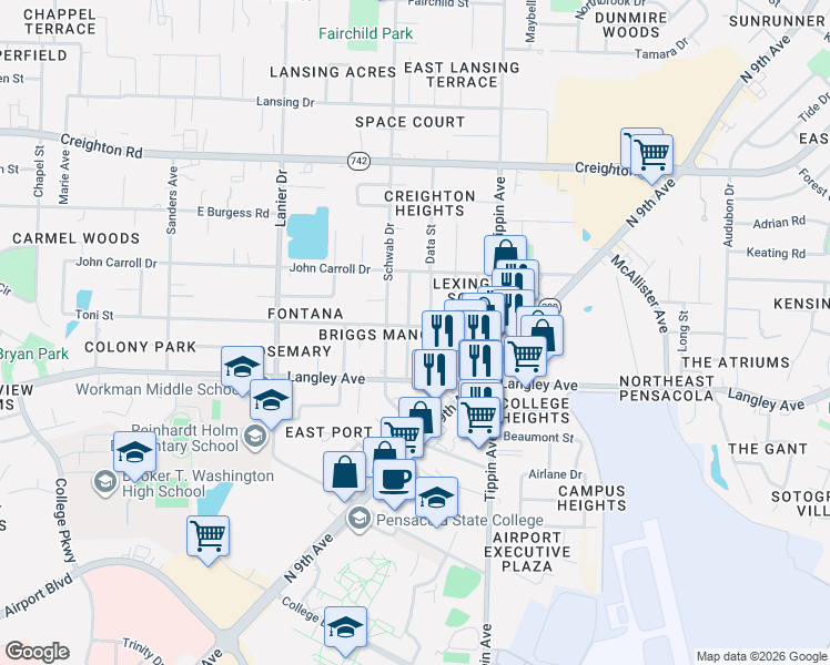 map of restaurants, bars, coffee shops, grocery stores, and more near 6351 Judkins Drive in Pensacola