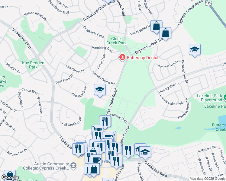 map of restaurants, bars, coffee shops, grocery stores, and more near 1308 Cora Cove in Cedar Park