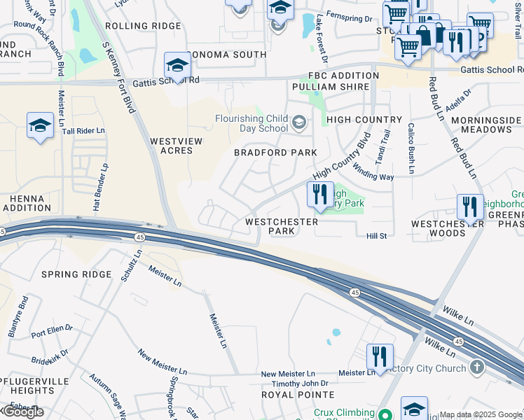 map of restaurants, bars, coffee shops, grocery stores, and more near 2880 Donnell Drive in Round Rock