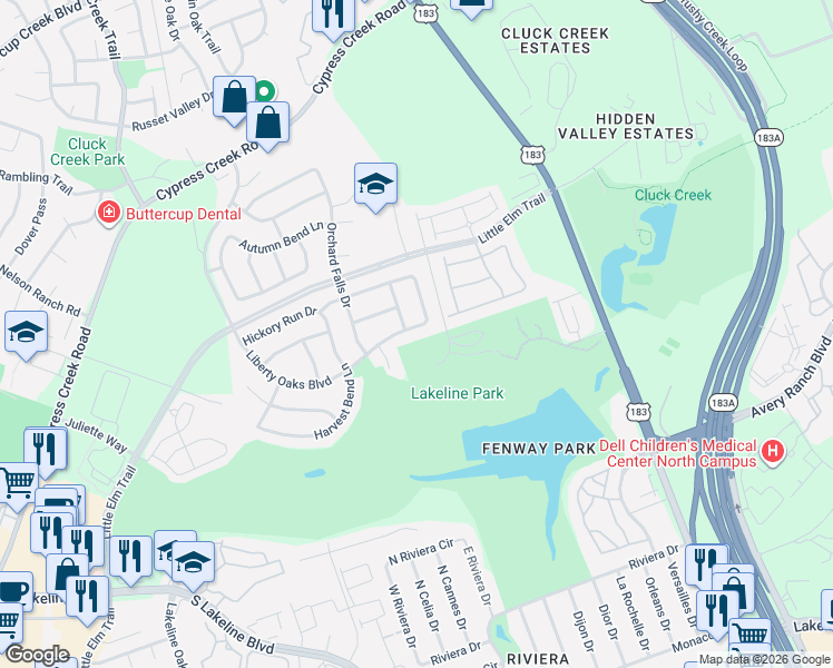 map of restaurants, bars, coffee shops, grocery stores, and more near 1608 Avondale Drive in Cedar Park