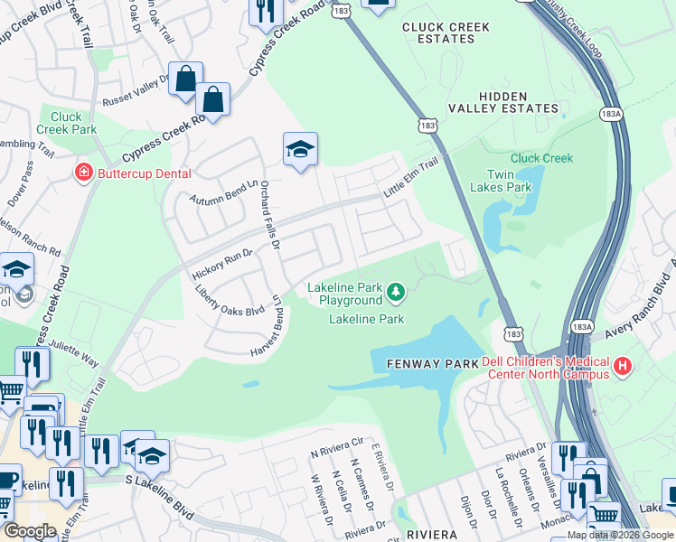 map of restaurants, bars, coffee shops, grocery stores, and more near 1813 Liberty Oaks Boulevard in Cedar Park