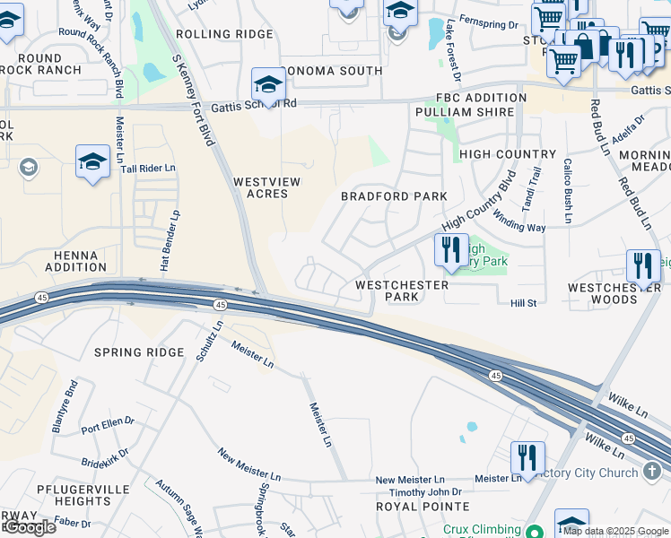 map of restaurants, bars, coffee shops, grocery stores, and more near 2950 Louis Henna Boulevard in Round Rock