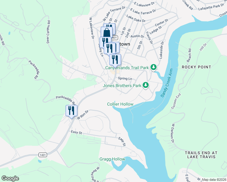 map of restaurants, bars, coffee shops, grocery stores, and more near 18313 Lura Lane in Jonestown