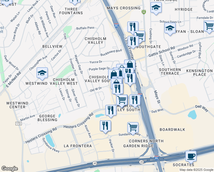 map of restaurants, bars, coffee shops, grocery stores, and more near Old West Drive in Round Rock