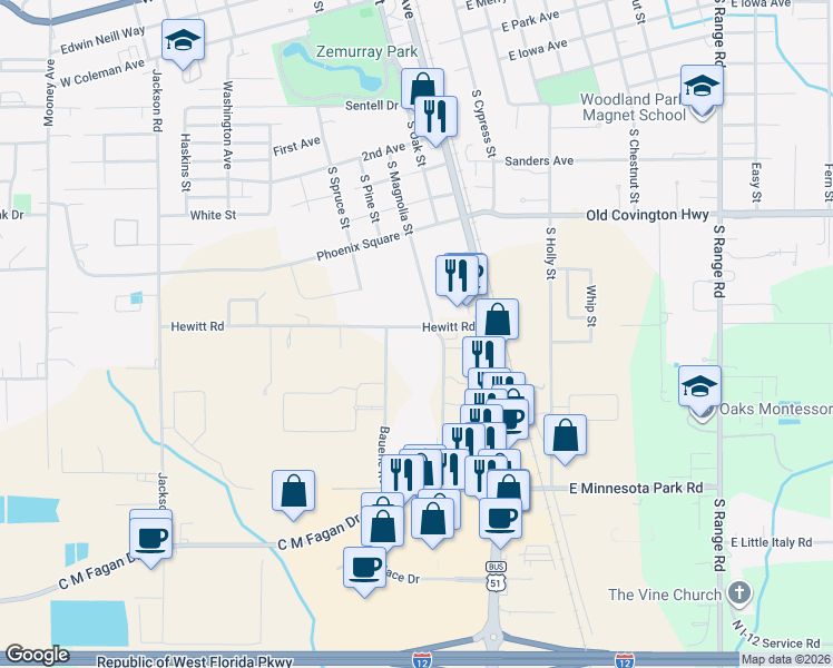 map of restaurants, bars, coffee shops, grocery stores, and more near 406 Hewitt Road in Hammond