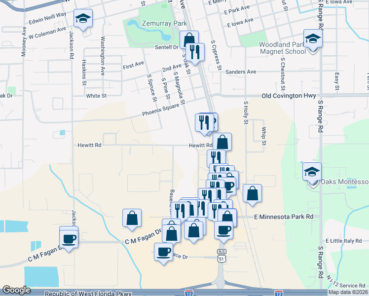 map of restaurants, bars, coffee shops, grocery stores, and more near 406 Hewitt Road in Hammond