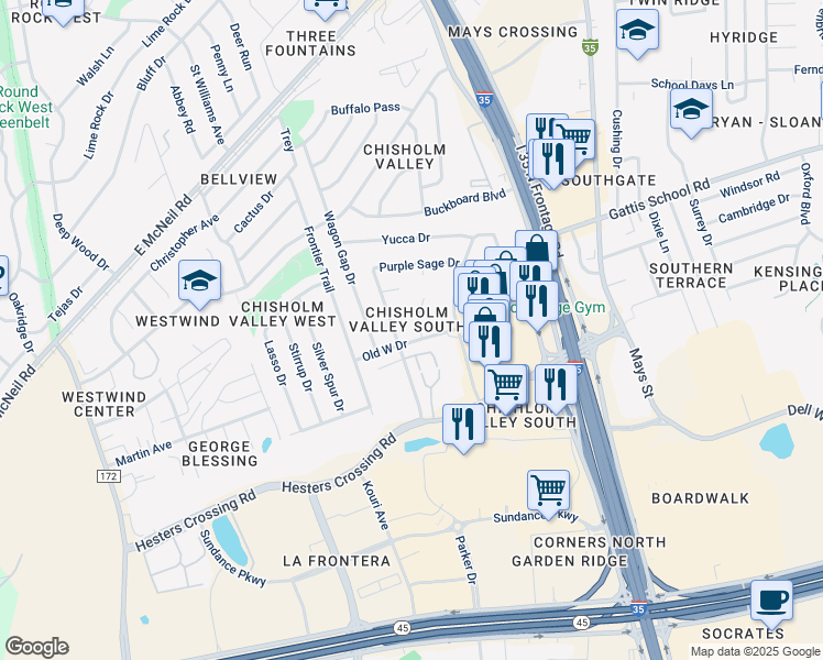 map of restaurants, bars, coffee shops, grocery stores, and more near 2101A Old West Place in Round Rock