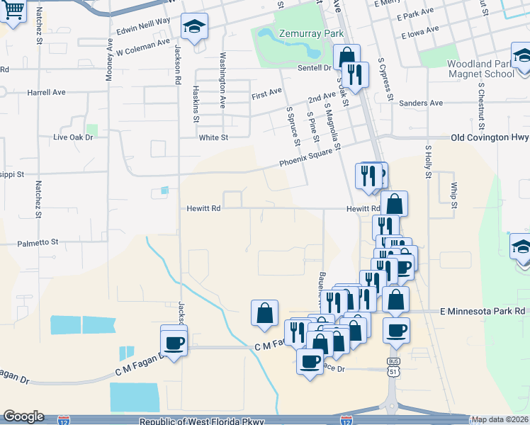 map of restaurants, bars, coffee shops, grocery stores, and more near 715a Hewitt Road in Hammond