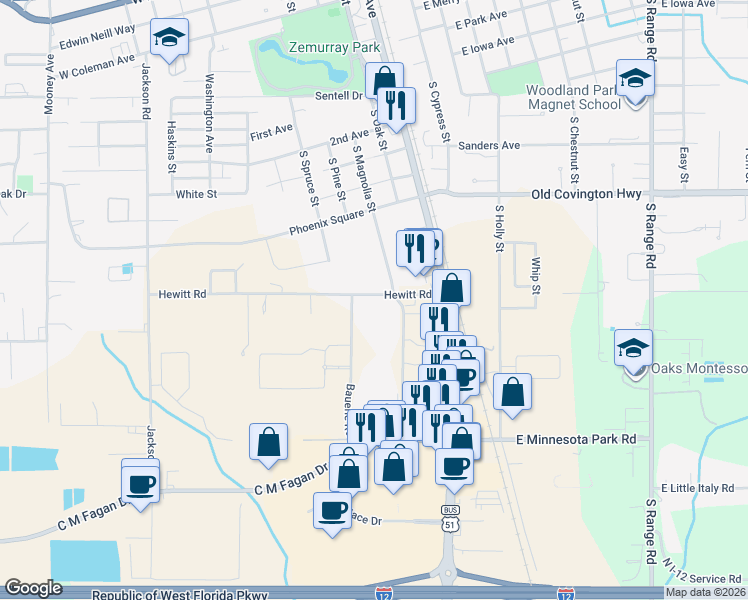 map of restaurants, bars, coffee shops, grocery stores, and more near 406 Hewitt Road in Hammond