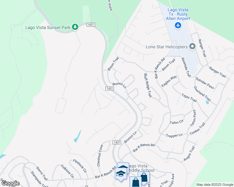map of restaurants, bars, coffee shops, grocery stores, and more near 21650 East Farm to market Road 1431 in Lago Vista