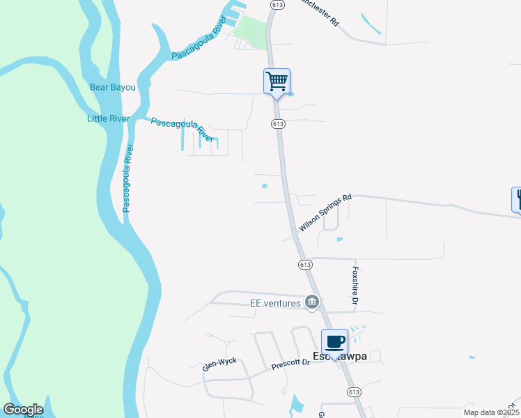 map of restaurants, bars, coffee shops, grocery stores, and more near 10181 Christy Cove in Moss Point