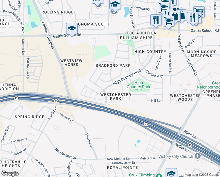 map of restaurants, bars, coffee shops, grocery stores, and more near 3223 Elizabeth Anne Lane in Round Rock