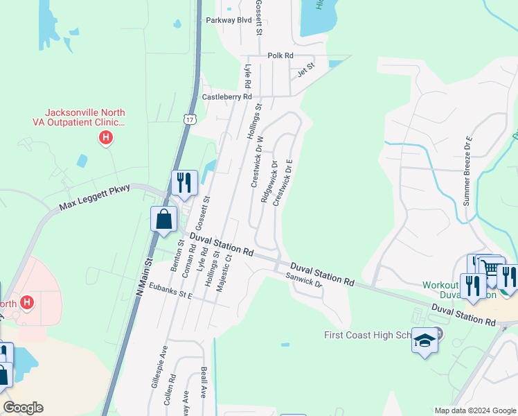 map of restaurants, bars, coffee shops, grocery stores, and more near 13968 Ridgewick Drive in Jacksonville