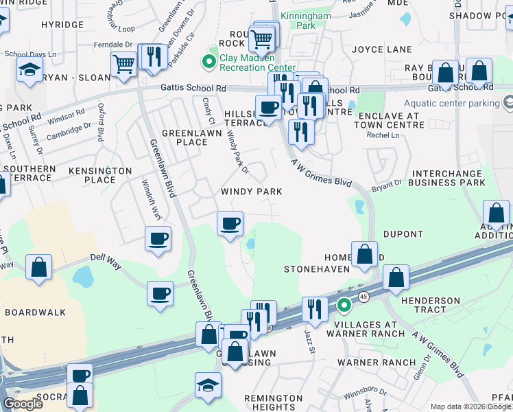 map of restaurants, bars, coffee shops, grocery stores, and more near 1600 Rosewood Court in Round Rock