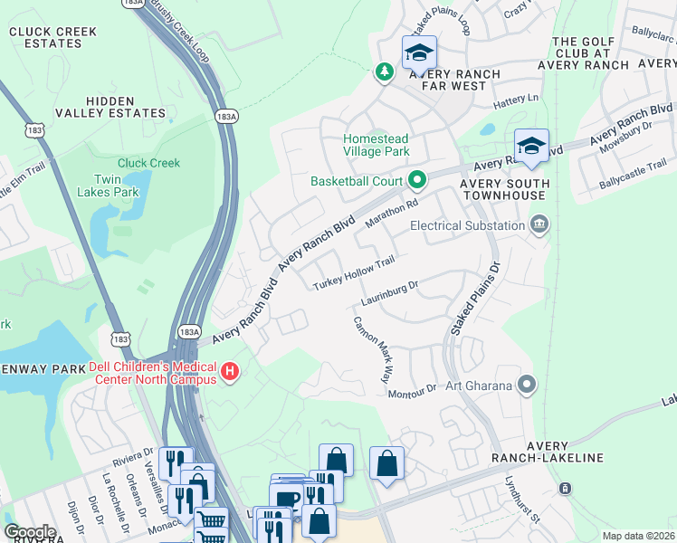 map of restaurants, bars, coffee shops, grocery stores, and more near 11617 Yeadon Way in Austin