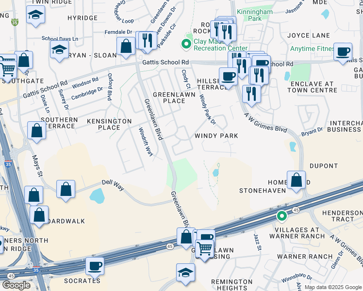 map of restaurants, bars, coffee shops, grocery stores, and more near 2205 Southeastern Trail in Round Rock