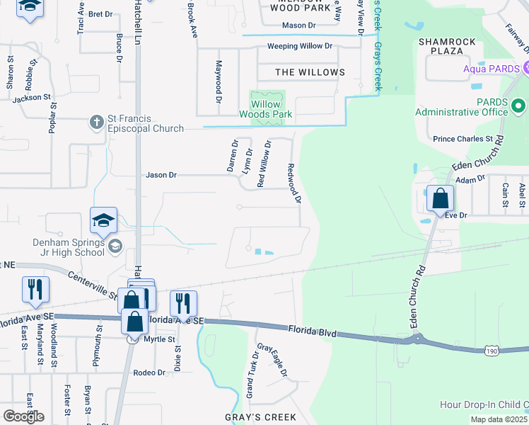 map of restaurants, bars, coffee shops, grocery stores, and more near 9057 Willow Point Drive in Denham Springs