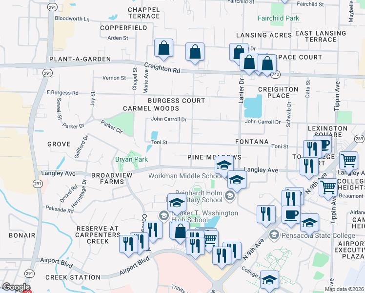 map of restaurants, bars, coffee shops, grocery stores, and more near 5802 Blaze Avenue in Pensacola