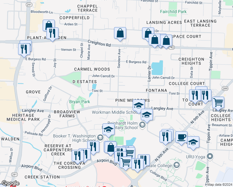 map of restaurants, bars, coffee shops, grocery stores, and more near 1485 Toni Street in Pensacola