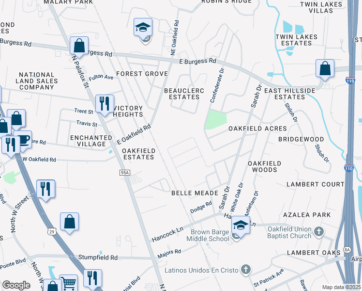 map of restaurants, bars, coffee shops, grocery stores, and more near 6058 Bella Donna Street in Pensacola