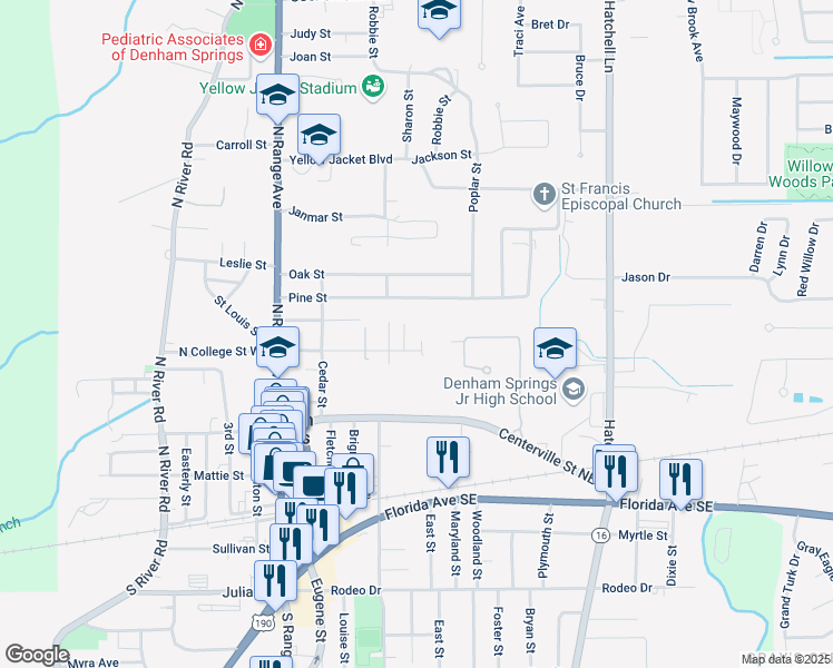 map of restaurants, bars, coffee shops, grocery stores, and more near 320 Pine Street in Denham Springs