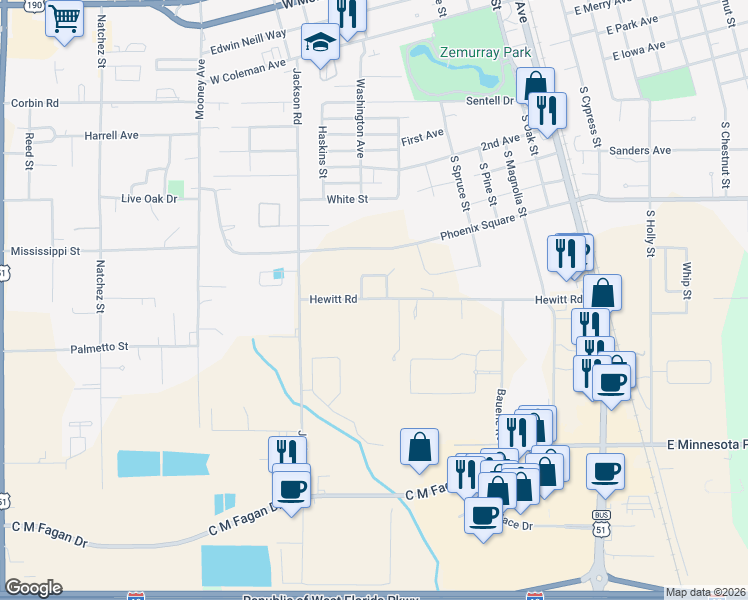 map of restaurants, bars, coffee shops, grocery stores, and more near 103 Ozone Drive in Hammond