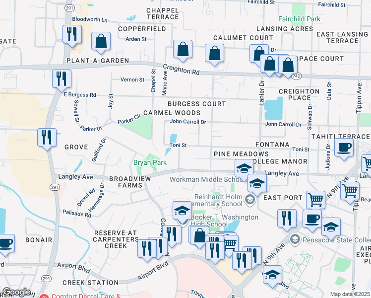 map of restaurants, bars, coffee shops, grocery stores, and more near 1350 Toni Street in Pensacola
