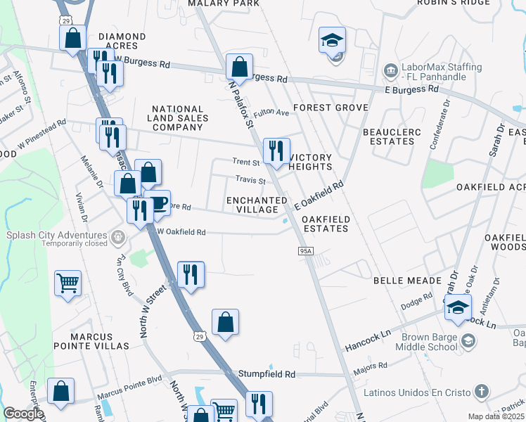 map of restaurants, bars, coffee shops, grocery stores, and more near 6823 Tiki Lane in Pensacola
